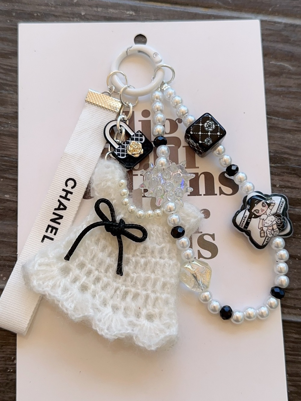 Authentic CC Ribbon with handmade White Knit Dress Pearl Bag Charm